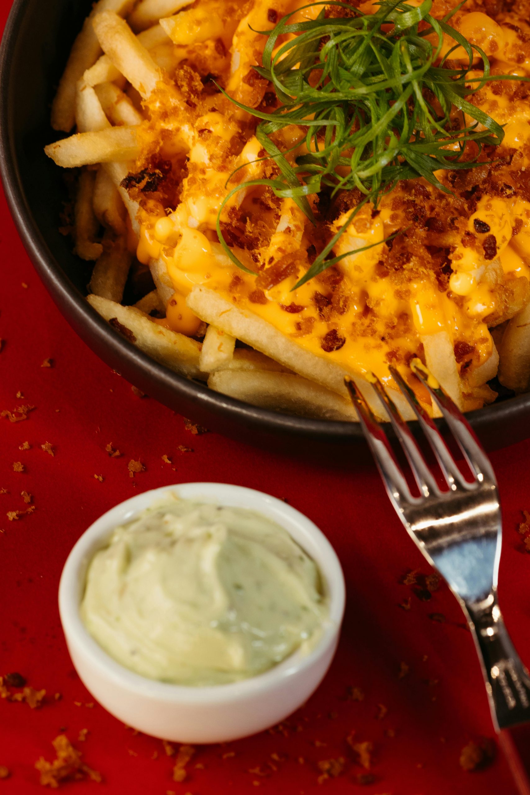 Delicious cheesy fries topped with herbs and served with a creamy dipping sauce.